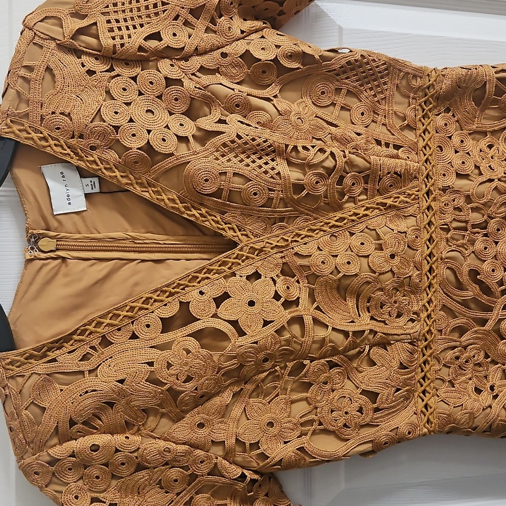 Adelyn Rae Lace V-neck Short Sleeve  Sheath Mini Dress: Color- Mustard - Picture 4 of 11